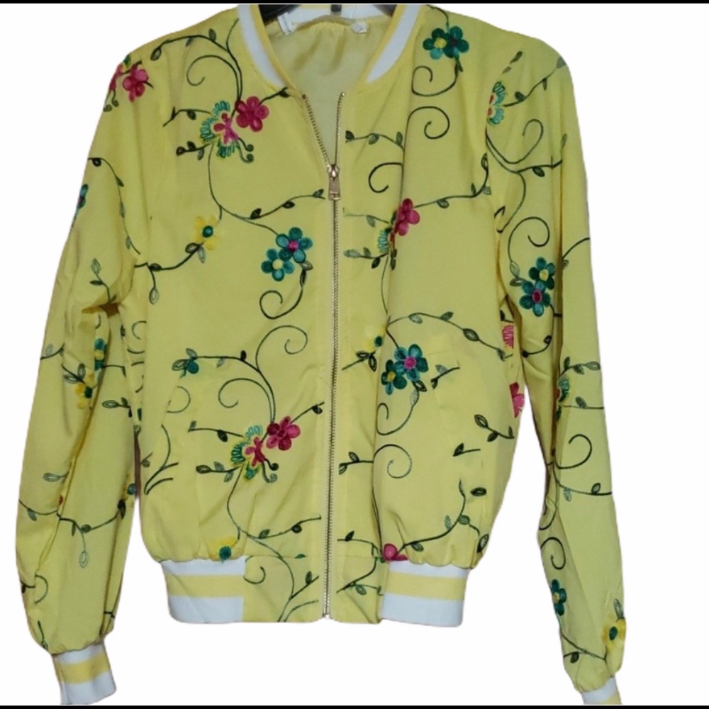 Yellow Floral Zip Up Polyester Bomber Jacket